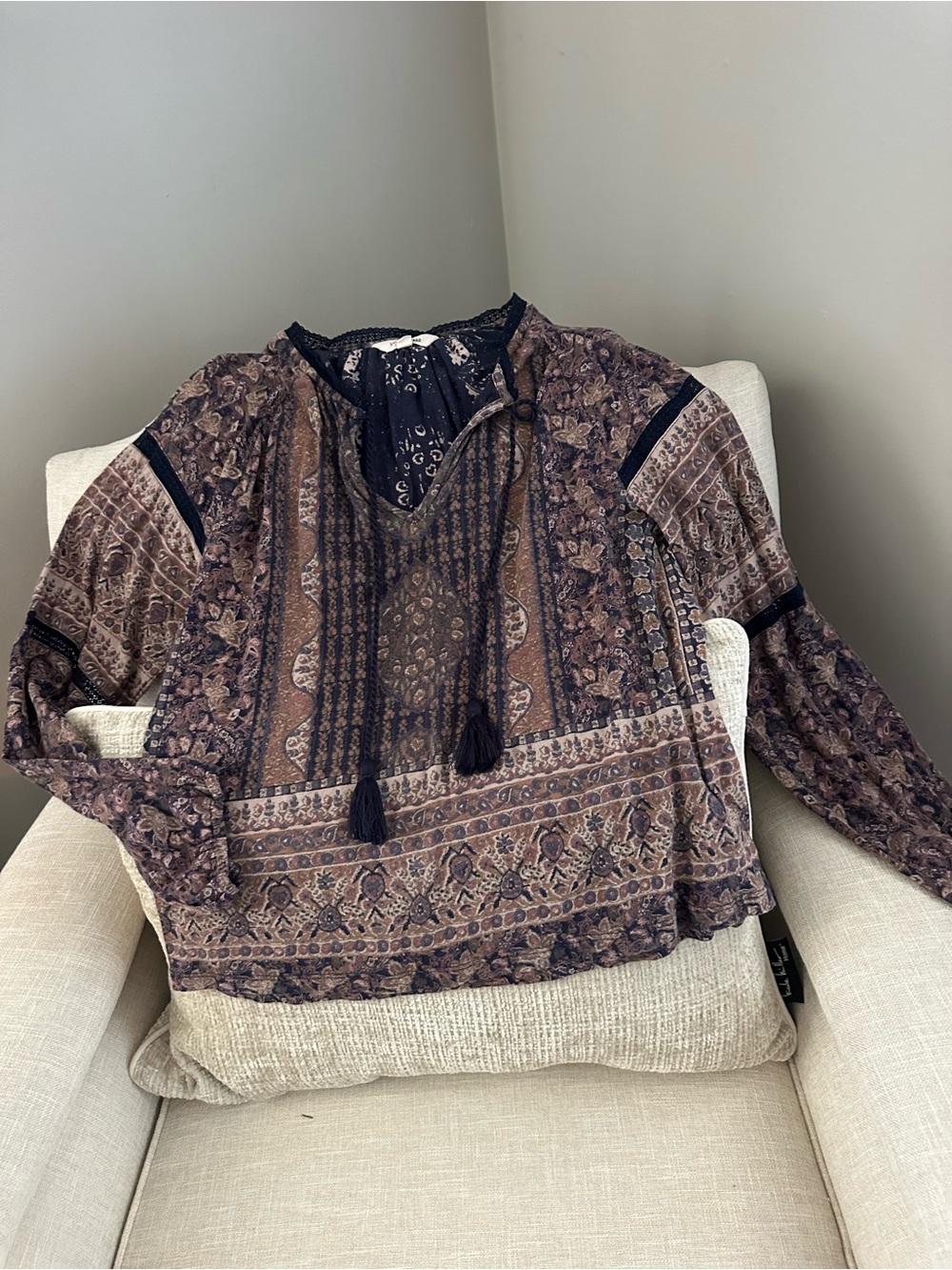 Lucky Brand Brown and Navy Paisley Peasant Blouse